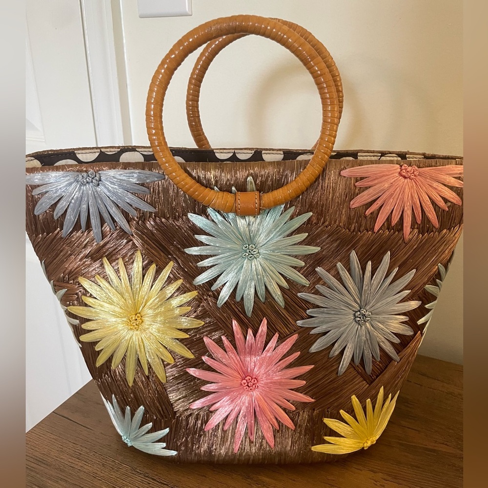 KATE SPADE Top Handle Raffia Flowers/Polka Dot, Dust Bag EUC 🤎🩷🩵 ✨HOST PICK✨ - Picture 3 of 16